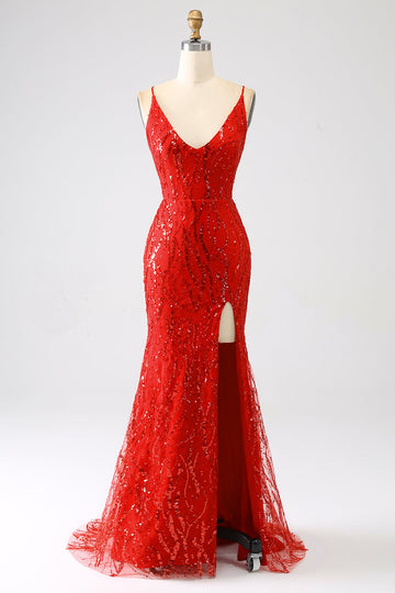 Glitter Red Mermaid Long Sequins Formal Dress with Slit
